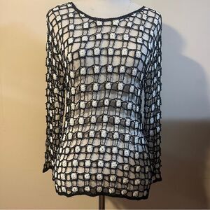 Debbie Shuchat Black and Whitete Crotchet Beaded Long Sleeve Top